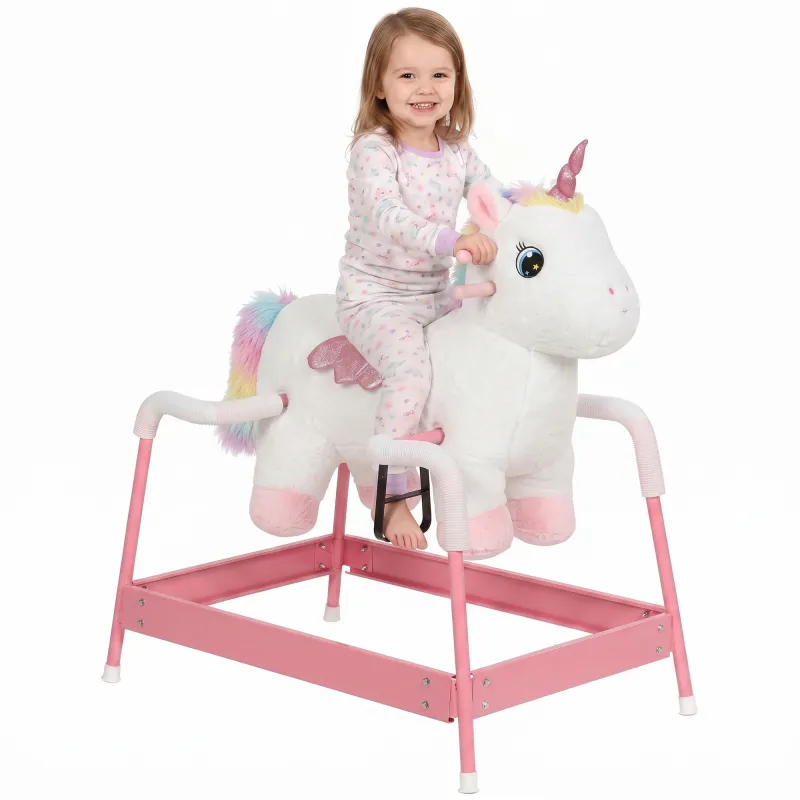 Kids Spring Rocking Horse, Unicorn Ride on Horse with Neighing Sounds, Plush Animal Ride on Toy for Ages 3+, White