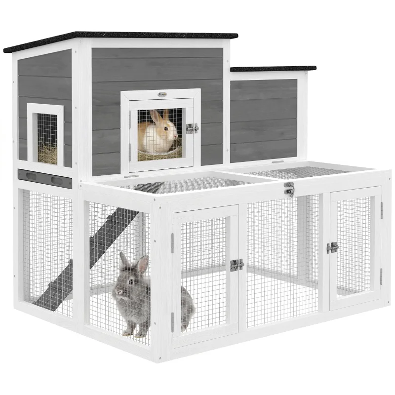 Wooden Rabbit Hutch, 2-Story Bunny Cage with Run, Waterproof & Openable Roof, Pull Out Tray and Ramp for 1-2 Rabbits