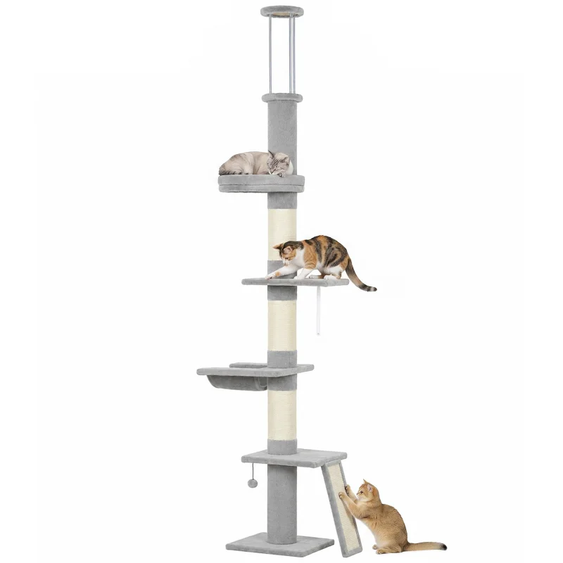 90.6" -102.4" Floor-to-Ceiling Cat Tree Adjustable Height with 3-Rod Support, 5-Level Cat Tower, Light Gray
