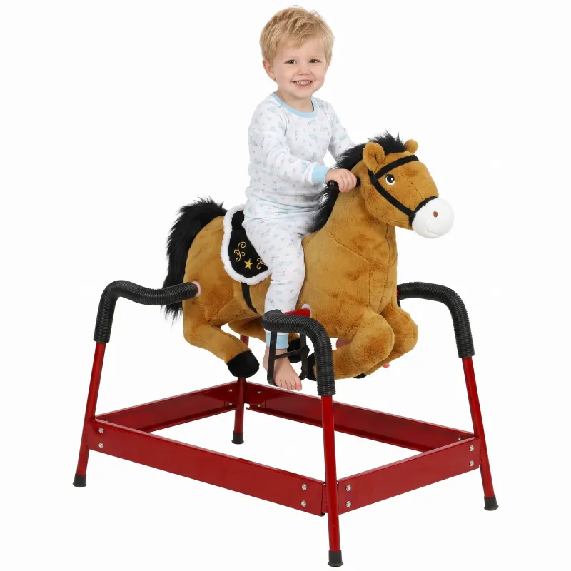 Kids Spring Rocking Horse, Ride on Horse with Neighing Sounds, Plush Animal Ride on Toy for Ages 3+ Years, Brown