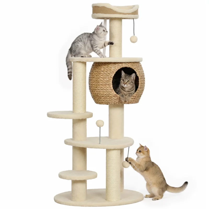 52" Cat Tree, Cat Tower with Handwoven Cattail Condo, Bed, Platforms, 3 Scratching Posts and 3 Toy Balls