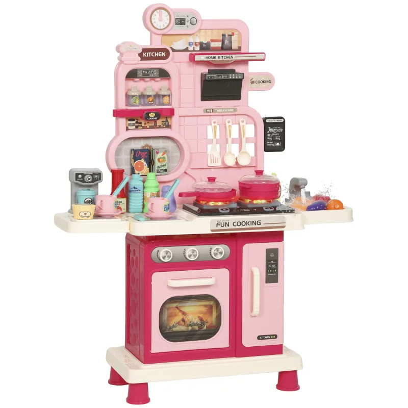 Kids Kitchen Playset, Play Kitchen with Lights, Sounds, Circulating Water Sink, Storage, 33 PCS for 3-6 Years, Pink