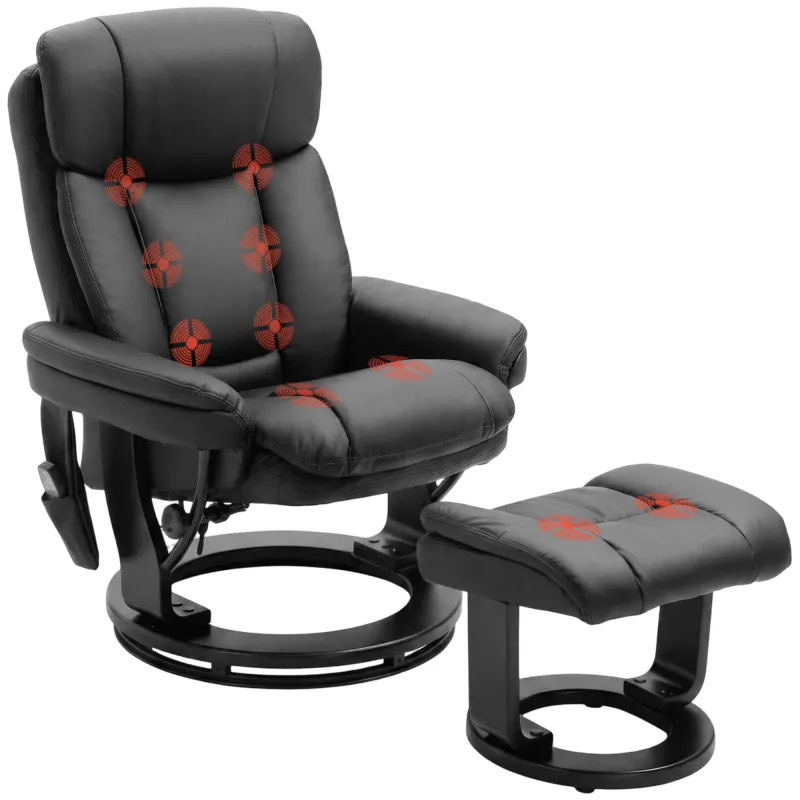 PU Leather Massage Recliner Chair with Ottoman, 10-Point Vibration, Swivel Armchair, Black