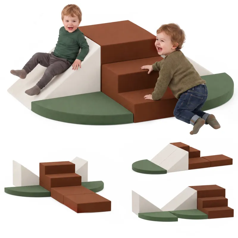 Foam Climbing Blocks, 8PCS Climbing Toys, Velvet Fabric, Foam, Non-Slip, Kids Soft Play Set for Crawling, Ages 1+, Brown