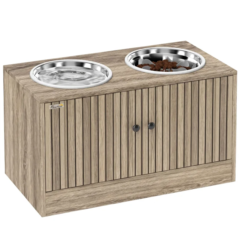 Elevated Dog Bowls with Storage Cabinet, 2 Stainless Steel Bowls, Slow Feeder, Dog Feeding Station for Large Dogs, Brown Wood Grain