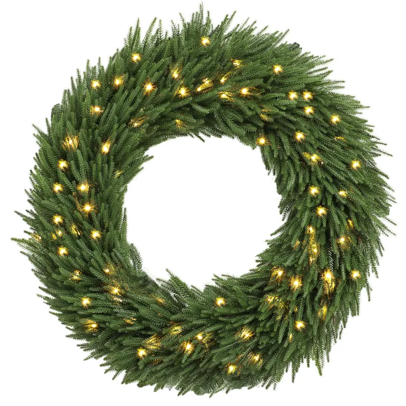 Christmas Decoration, 36 in Pre-Lit Norfolk Pine Artificial Christmas Wreath with 100 LED Lights, Green