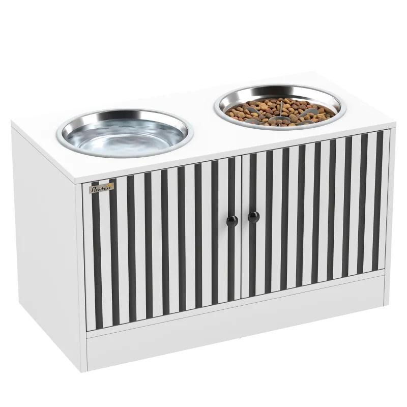 Elevated Dog Bowls with Storage Cabinet, 2 Stainless Steel Bowls, Slow Feeder, Dog Feeding Station for Large Dogs, White