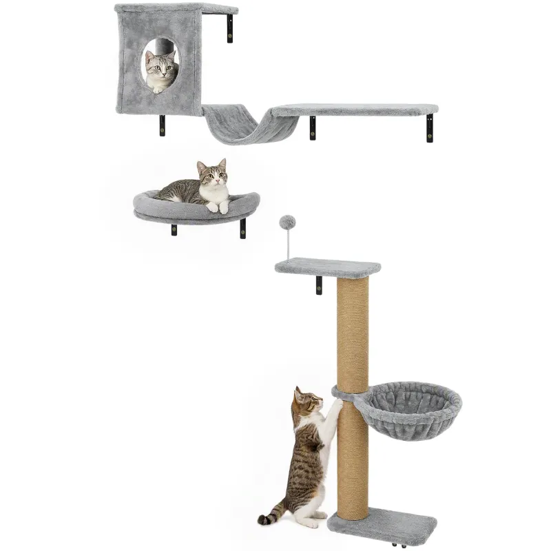 3-In-1 Cat Wall Shelves with Condo, Bed, Hammock, Scratching Post and Spring Ball, Gray