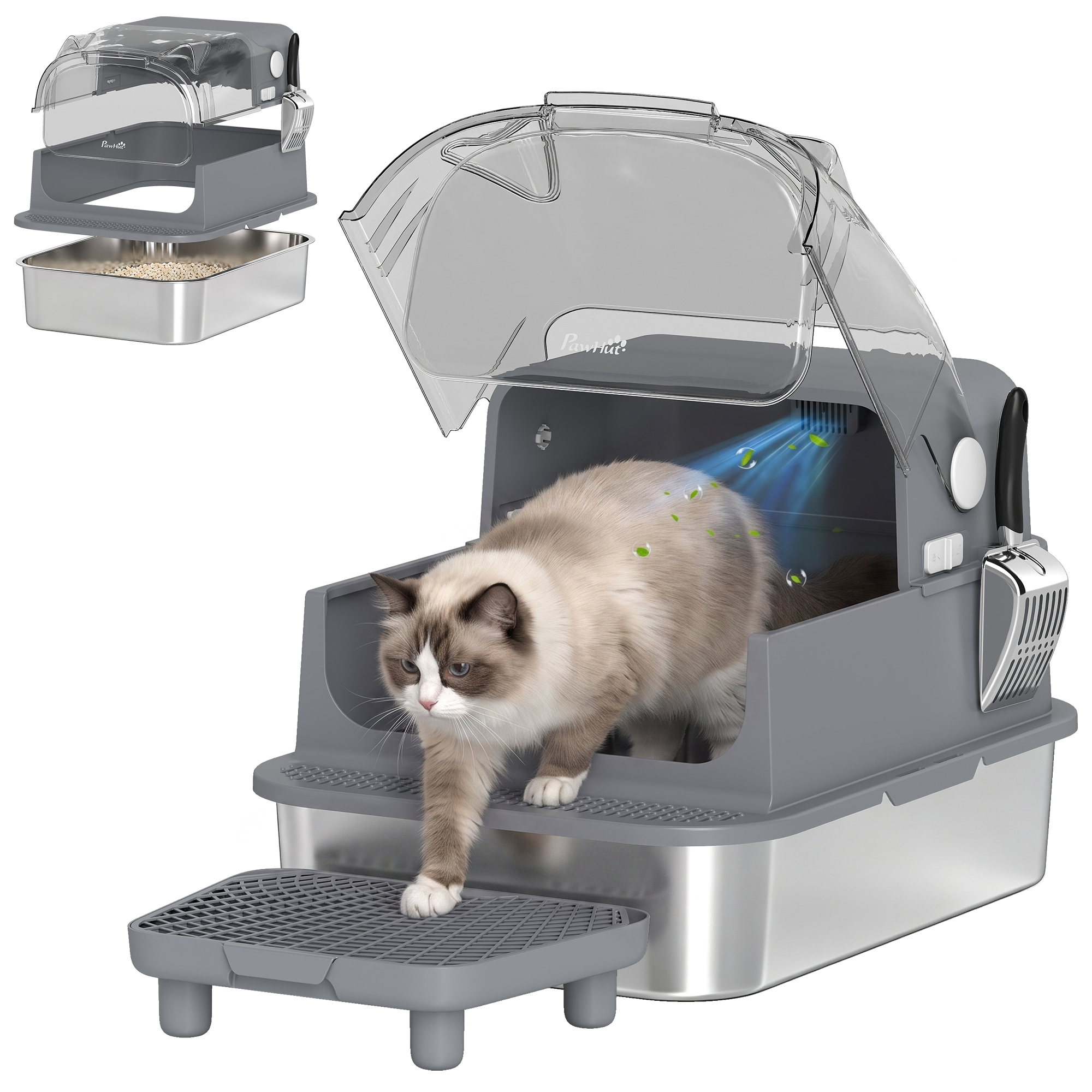 Stainless Steel Cat Litter Box with Flip Lid, XXL Enclosed Litter Box, High Sided, Step, Metal Scoop, 2 Deodorizing Bags