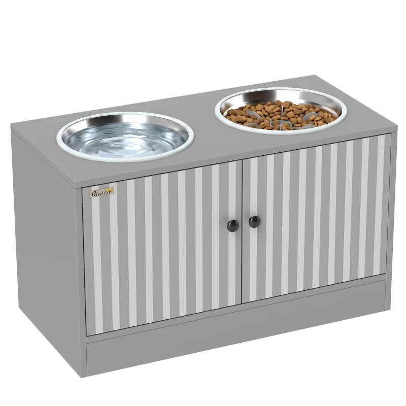 Elevated Dog Bowls with Storage Cabinet, 2 Stainless Steel Bowls, Slow Feeder, Dog Feeding Station for Large Dogs, Gray