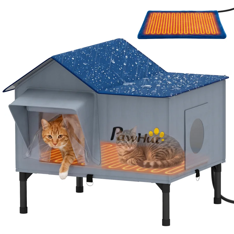 Heated Cat House Weatherproof with Heating Pad, Elevated Base, Safe Escape Door, for Stray, Barn Cats