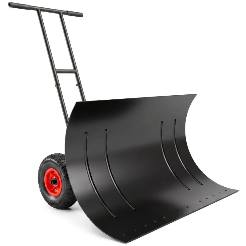Snow Shovel with Wheels, 29" Metal Snow Pusher with Adjustable Handle, 7-Angle Blade, Wear Strip for Driveway, Black