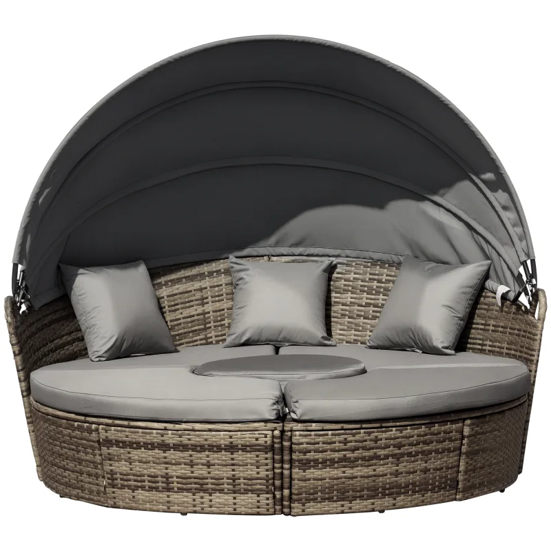 4-Piece Round Convertible Daybed with Cushions, Outdoor PE Rattan Patio Wicker Sofa Set, Dark Gray