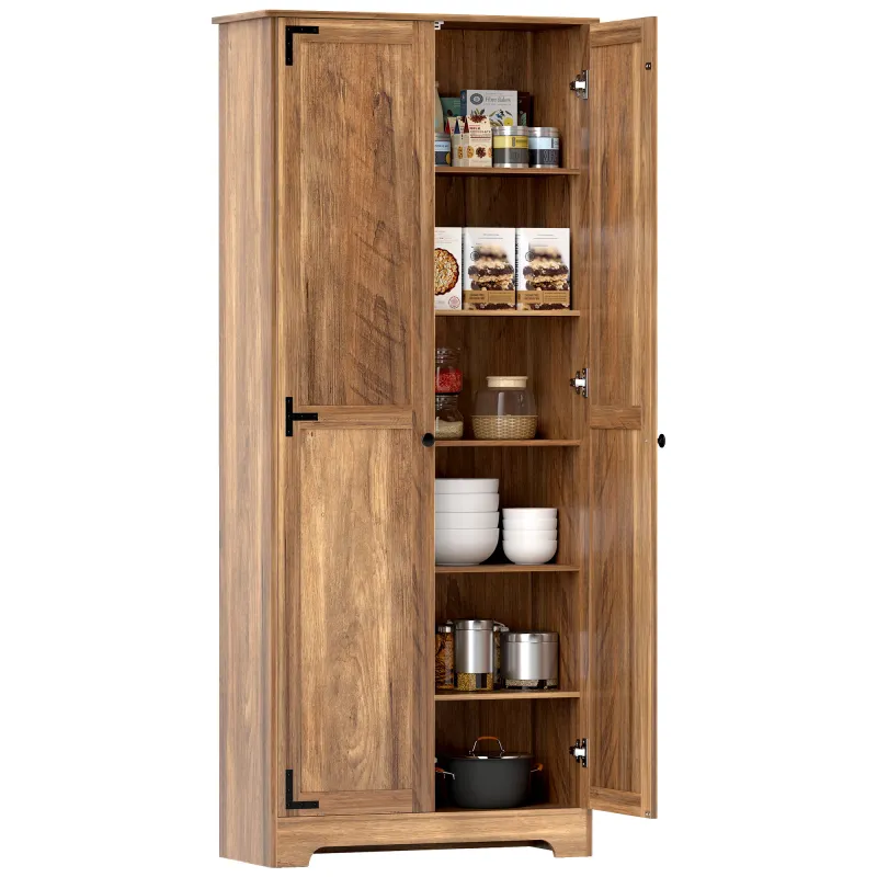 72" Farmhouse Pantry Cabinet, Freestanding Food Pantry Cabinet with Adjustable Shelves, Brown