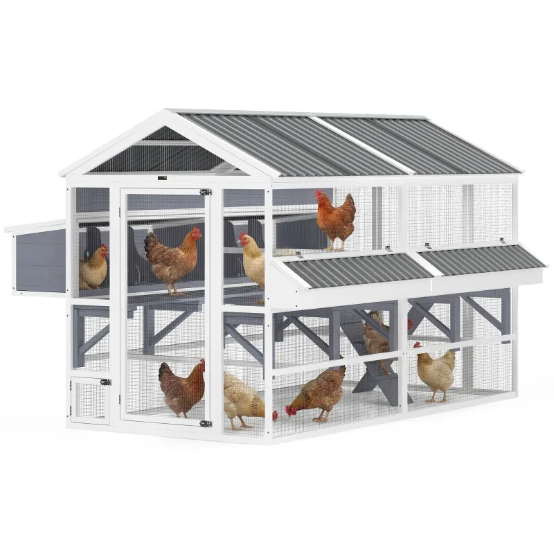 Wooden Chicken Coop, Outdoor Hen House with 2 Feeders, 2 Nesting Boxes, 2 Roosting Bars, Ramps, Waterproof Roof