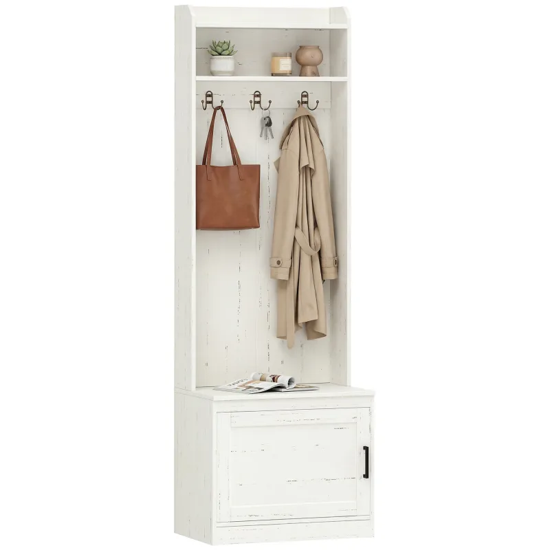 Narrow Hall Tree with Shoe Storage Bench, Rustic Entryway Bench with Coat Rack, Accent Coat Tree with Storage Shelves