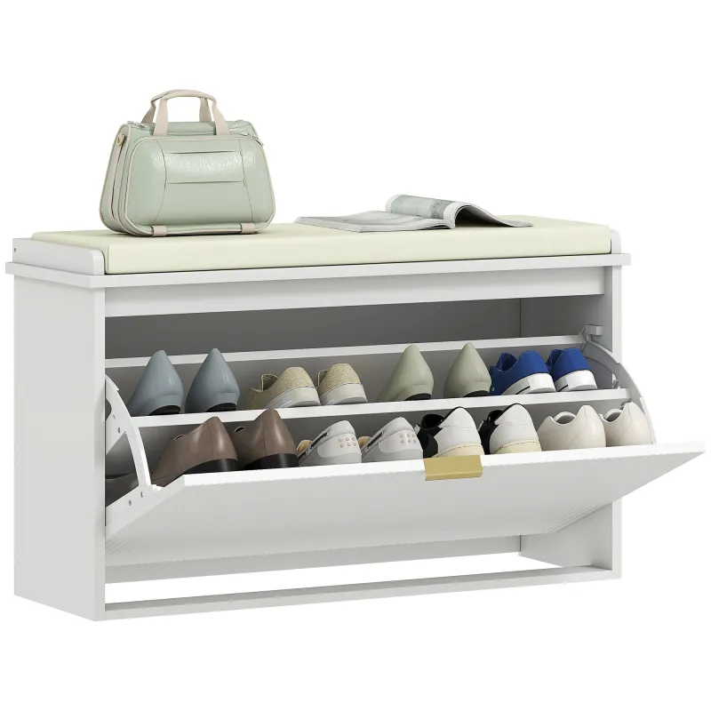 Shoe Storage Bench with Padded Seat Cushion and Flip-Drawer, Entryway Bench, Shoe Cabinet, 31.5x10.2x18.7 Inches, White