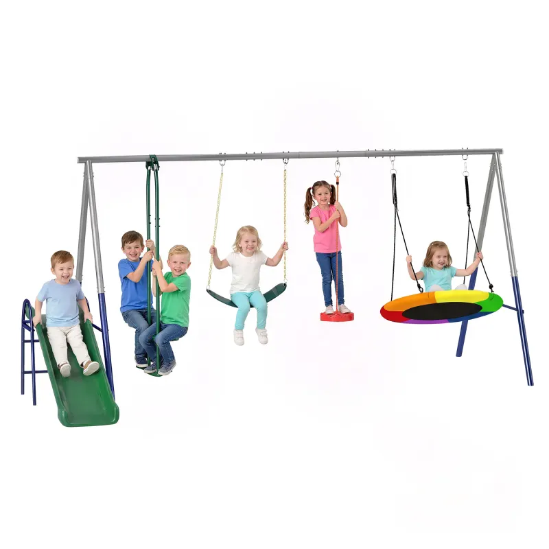 Qaba 5-in-1 Kids Swing Set with Slide, Swings and Glider for Backyard, 770lbs Capacity, for Ages 3-8, Mixed Color