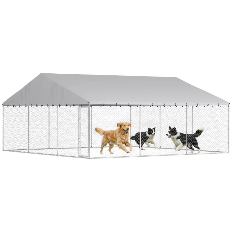 Heavy Duty Outdoor Dog Kennel with Waterproof Roof, Secure Latch, Chain Link Dog Run for Backyard, 19.7' x 19.7' x 8.9'