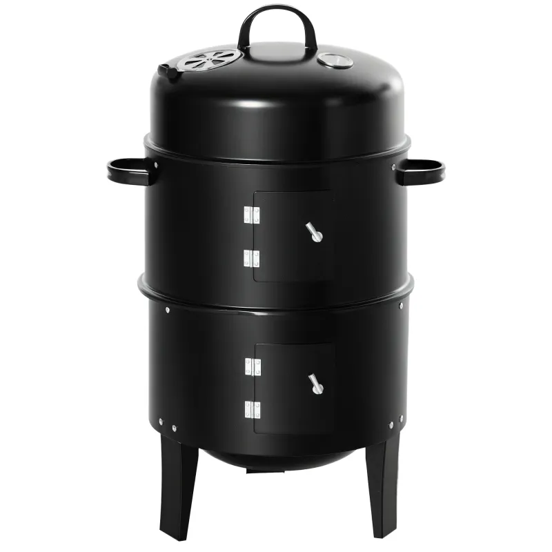 3-in-1 Vertical Charcoal BBQ Smoker Grill with 2 Cooking Areas and Thermometer