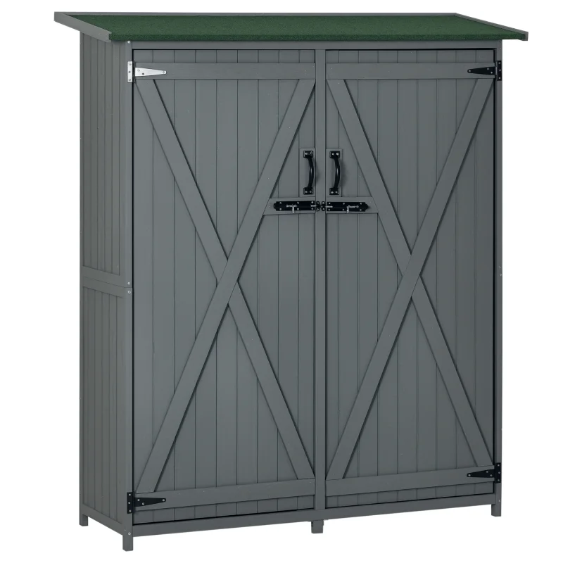 Outdoor Storage Cabinet Wooden Garden Shed Utility Tool Organizer with Waterproof Asphalt Rood, Lockable Doors, Gray