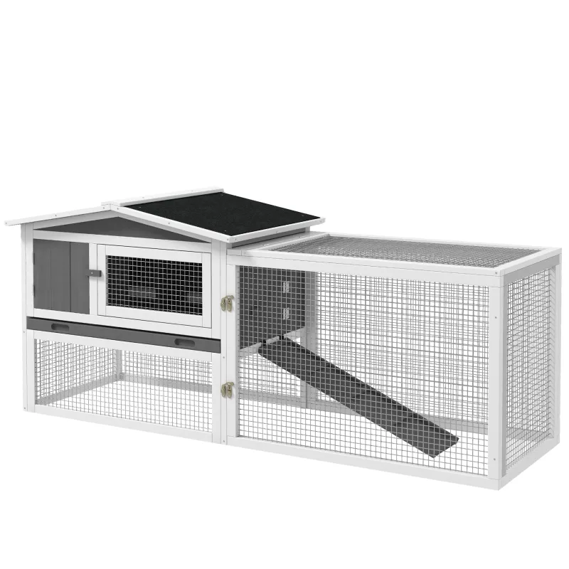 Rabbit Hutch 2-Story Bunny Cage, Guinea Pig Cage Indoor Outdoor, Small Animal House with Slide Out Tray, Light Gray
