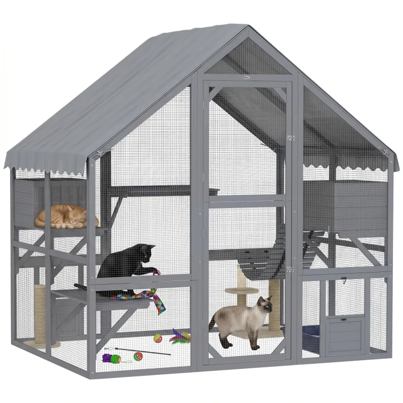 Wooden Catio Outdoor Cat Enclosure with Waterproof Cover, 2 Condos, 4 Platforms, Bridge, Doors, Gray
