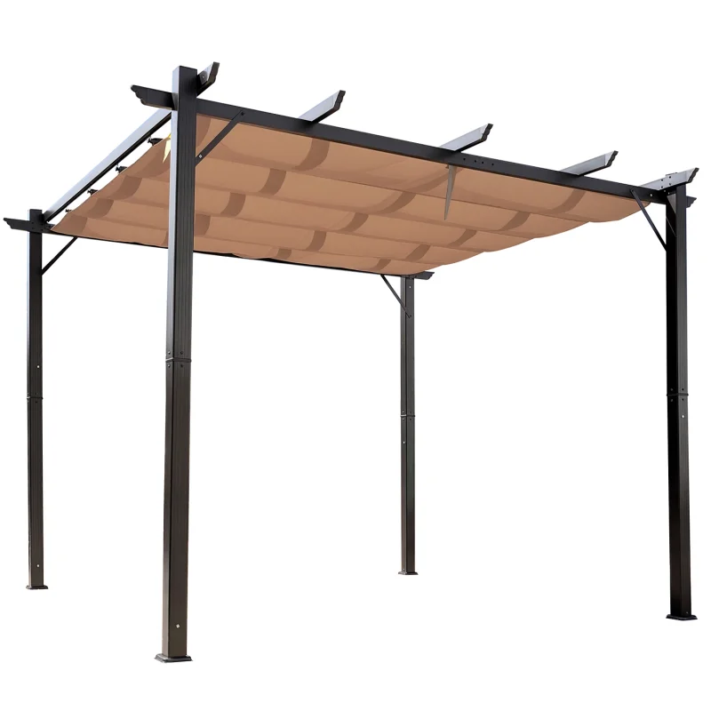 10' x 10' Outdoor Pergola Aluminum Gazebo w/ Retractable Canopy for Patio, Backyard, Party, Brown