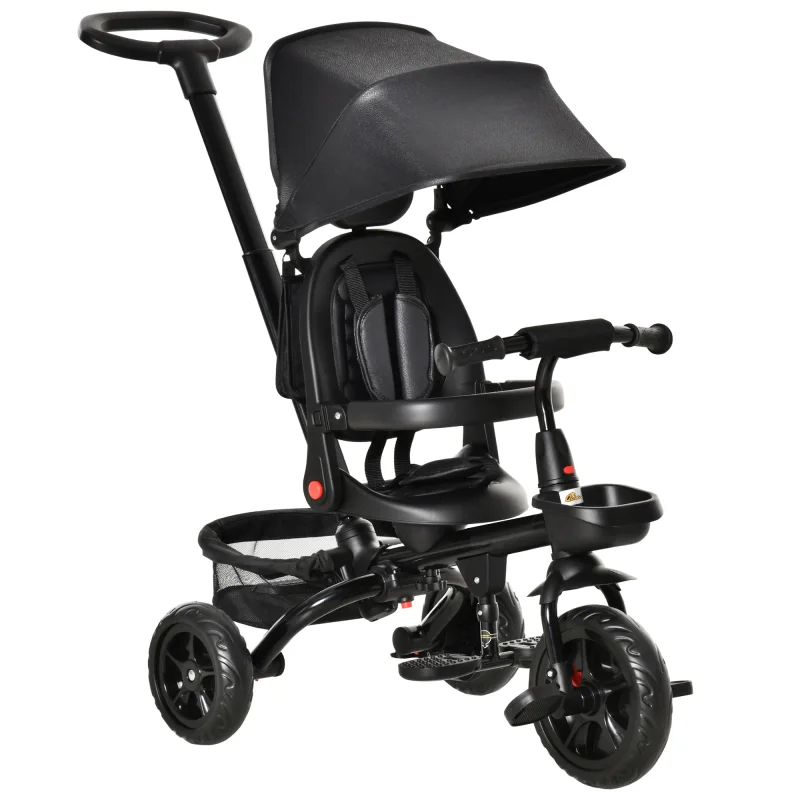 Kids Tricycle, 5 in 1 Foldable Trike with Reversible Seat, Adjustable Parent Handle, Safety Harness, Wheel Brakes, Black