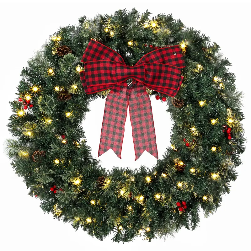 36" Prelit Crestwood Spruce Artificial Christmas Wreath, Christmas Decor with Bow, 8 Modes, Red Berries, Pinecones