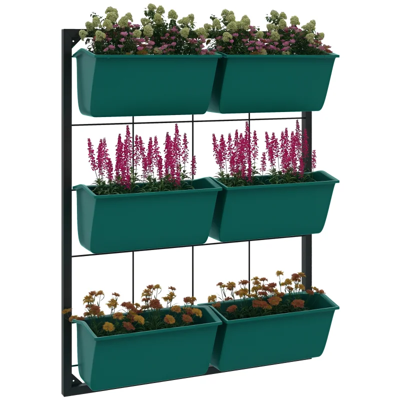 3-Tier Hanging Planter with 6 Pots for Indoor and Outdoor Use, Wall Planter, Self Draining & Wall Mounted, Green
