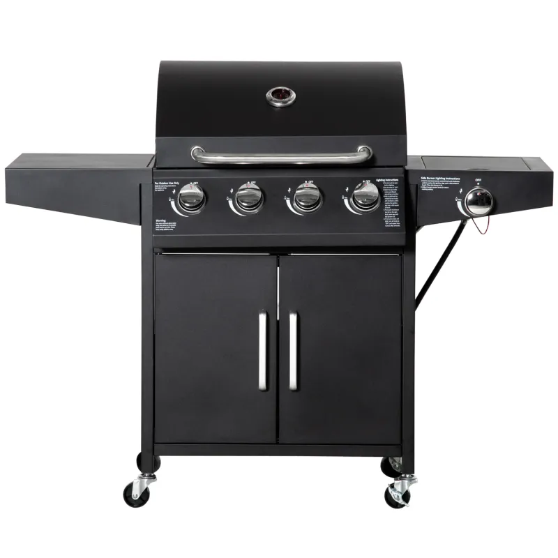52" Barbecue Grill with Wheels 4+1 Burner Liquid Propane Gas Grill Outdoor Cabinet Style BBQ Trolley w/ Side Burner, Warming Rack