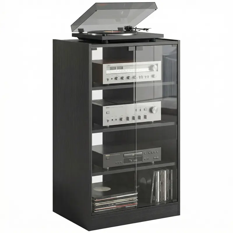 Media Cabinet, 4-Tier Stereo Cabinet for Vinyl Record Player, Gaming Console, AV Record Player Stand with Adjustable Shelves, Push-to-Open Glass Doors and Cable Management, Distressed Black