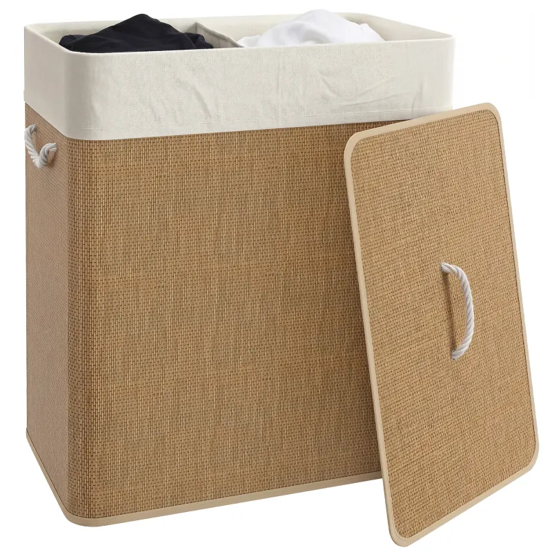 Double Laundry Basket with Lid, 26.4 Gallon Bamboo Laundry Hamper with Rope Handles and Removable Liner, Brown
