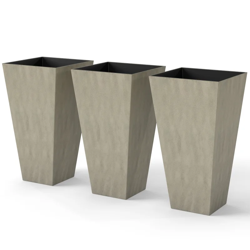 Tall Planters for Outdoor Plants Set of 3, 28 In Taper Planters with Drainage Holes, Indoor Grande Plant Pots, Front Porch Decor, Grey