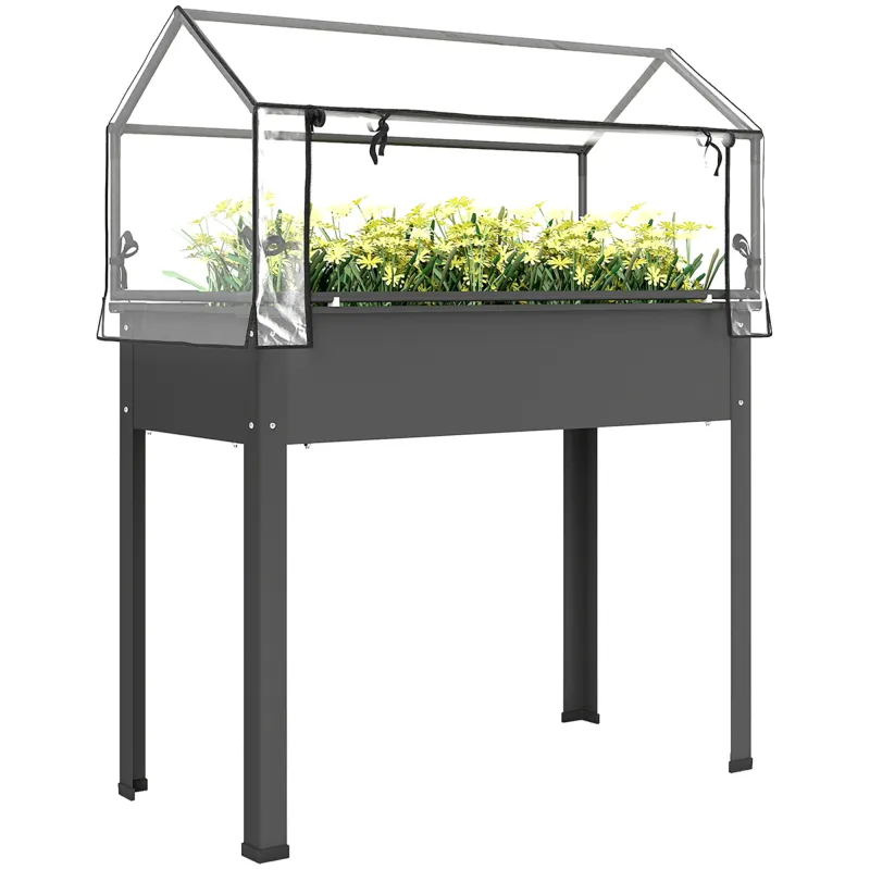 Elevated Garden Box with Greenhouse Cover, Raised Garden Bed with Legs and Drainage Hole for Vegetables, Dark Gray