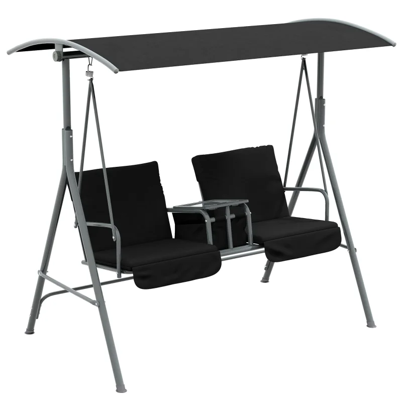 2-Seater Outdoor Porch Swing with Canopy and Table, Patio Swing Chair for Garden, Poolside, Backyard, Black