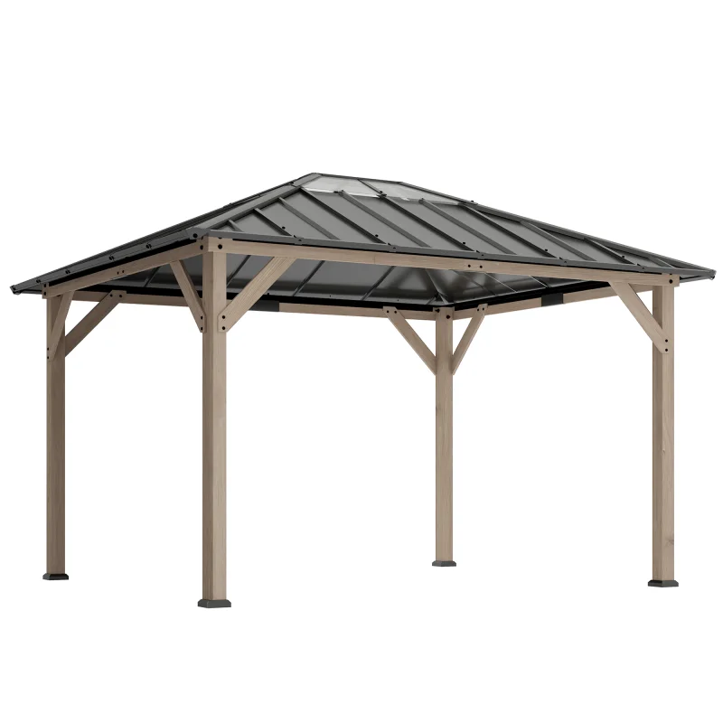 10' x 12' Hardtop Gazebo with Galvanized Steel Roof, UPF50+ Wood Permanent Pavilion with Clear Roof Top, Light Walnut