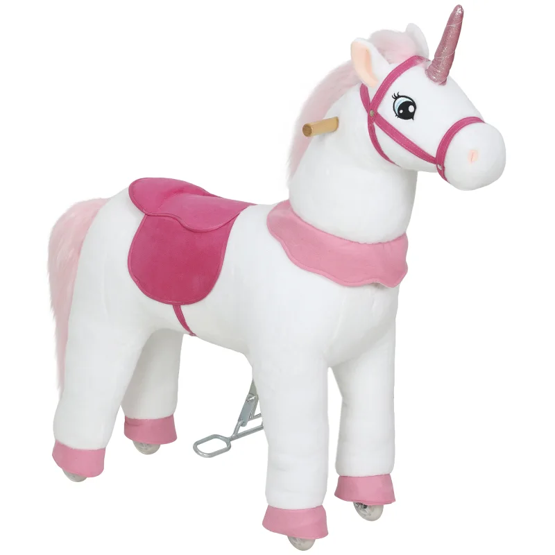 Qaba Ride on Unicorn Toy for Kids 4-7 Years, 37.8 Inch Plush Baby Rocking Horse with Wheels, No Battery Required, White