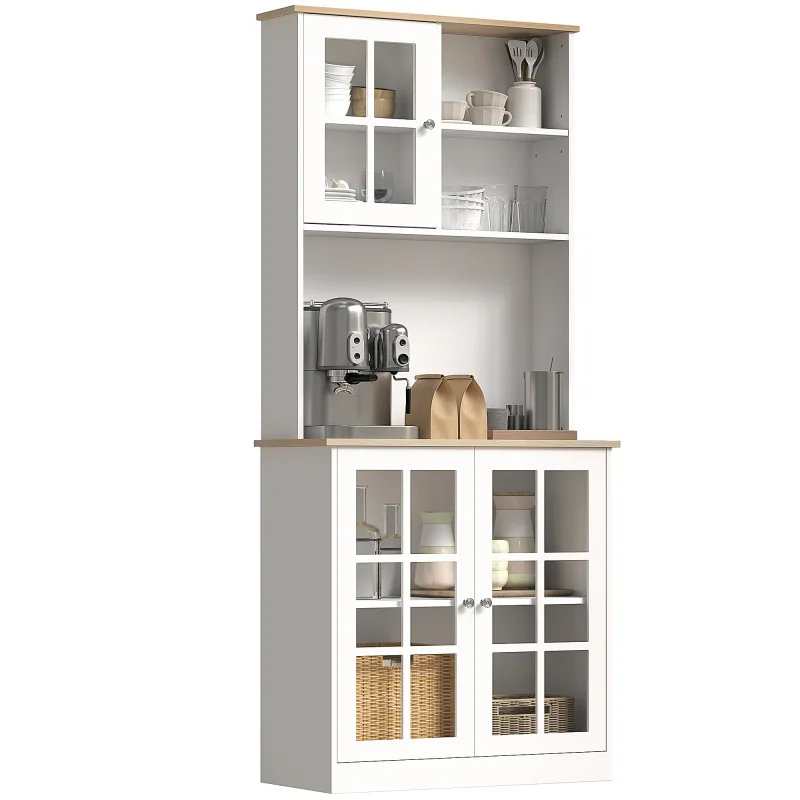 Kitchen Pantry Storage Cabinet, 72" Freestanding Cabinet with Hutch, Large Countertop, Glass Doors, White