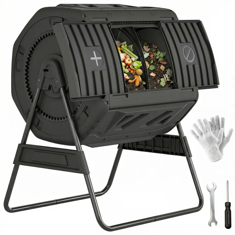 Compost Bin Outdoor, 53 Gal Dual Chamber Tumbling Composter with Adjustable Vents, BPA Free Tumbling Composter, Black