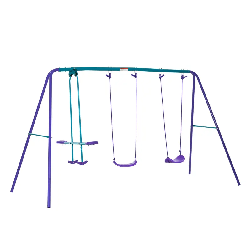 Metal Swing Set with Glider, Two S Seats and Adjustable Height, Outdoor Heavy Duty A-Frame Kids Playset Suitable, Purple