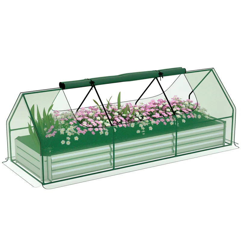 8.6 x 3 x 1ft Metal Planter Box with Mini Greenhouse, Galvanized Raised Garden Bed with Cover, Green and Silver