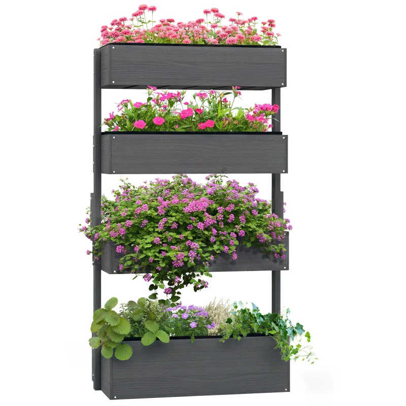 Outdoor Wooden Vertical Garden Planter, 4 Tier Planter Box, Self-Draining for Flowers, Vegetables, Herbs, Gray