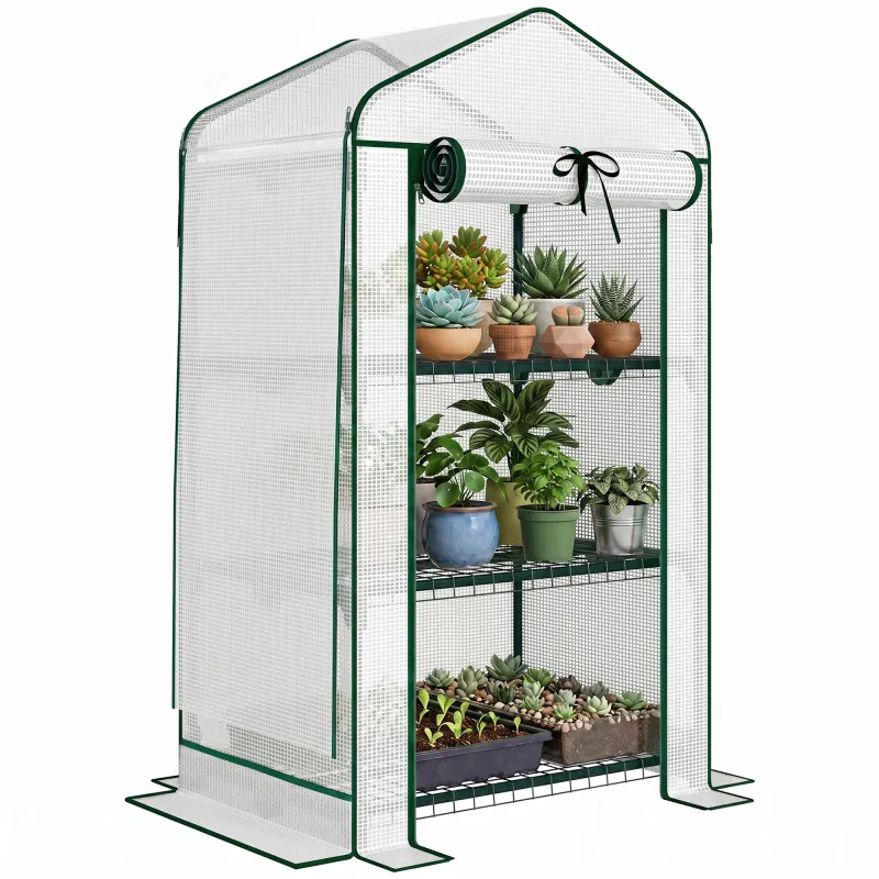Mini Greenhouse with Screen Roof, Portable Small Greenhouse with Roll-Up Zipper Door, 27.6" x 19.7" x 50", White