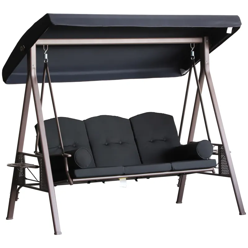 3-Seat Patio Swing Chair, Outdoor Porch Swing Glider with Adjustable Canopy, Removable Cushion, Black