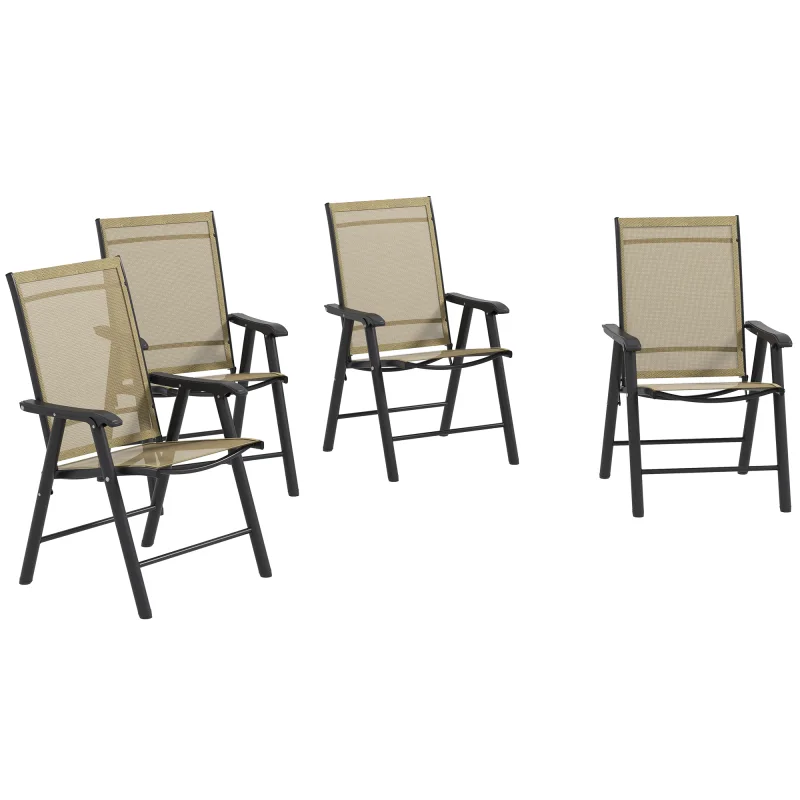 Set of 4 Outdoor Folding Chairs, Stackable Patio Dining Chairs with Armrests, Metal Frame, Light Mixed Brown