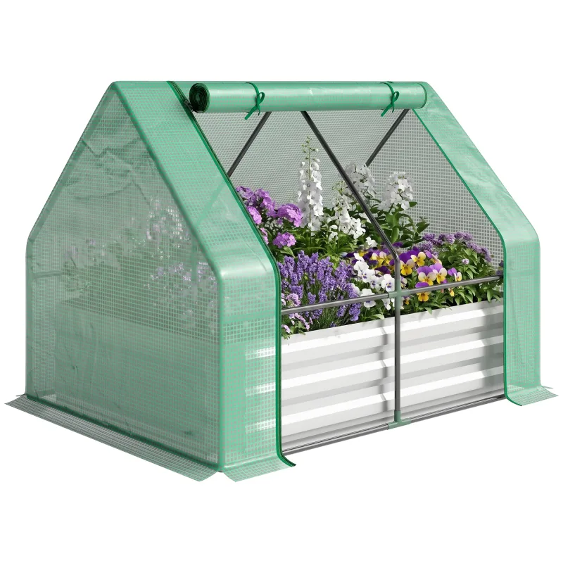 4 x 3ft Metal Planter Box with Mini Greenhouse, Galvanized Raised Garden Bed with Cover, Green and Gray