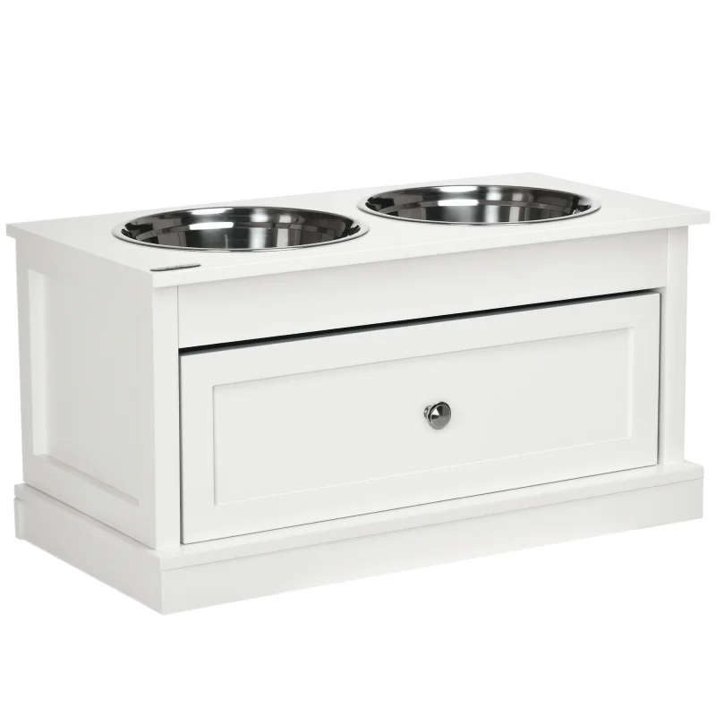 Large Elevated Dog Bowls with Storage Drawer Containing 11L Capacity, Raised Dog Bowl Stand Pet Food Bowl Dog Feeding Station, White
