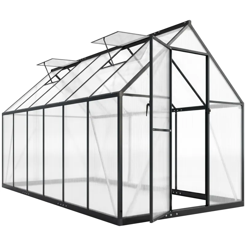 Polycarbonate Greenhouse with Swing Door and Two Adjustable Roof Vents, Aluminum Walk-in Greenhouse, 11x6 ft, Black